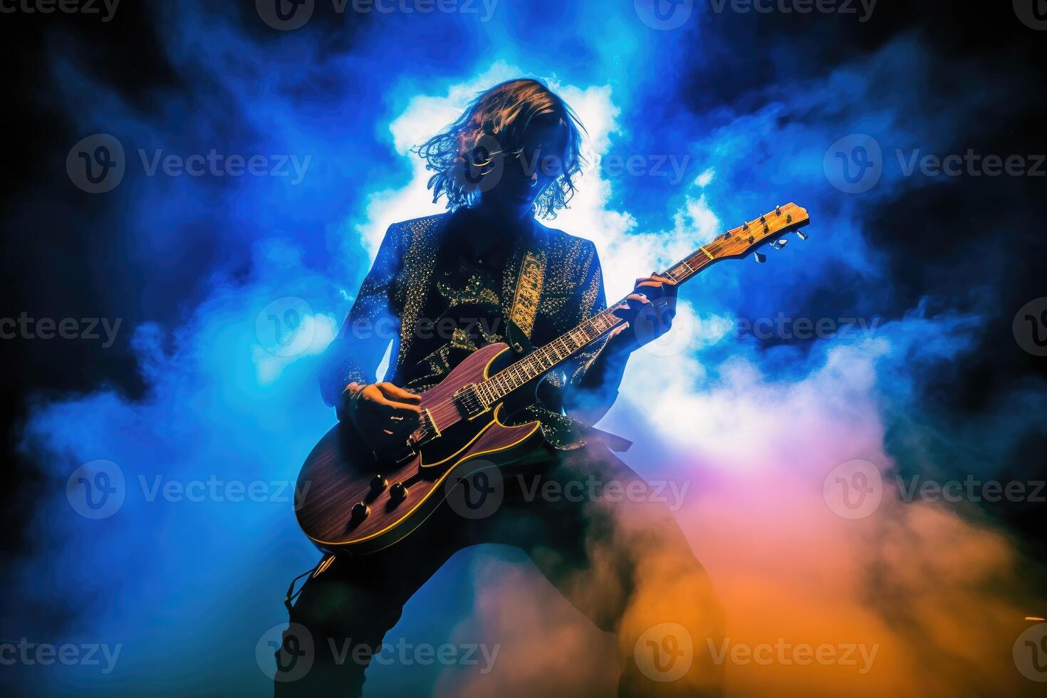Guitarist shredding an electrifying solo, surrounded by a cloud of smoke and vibrant stage lights. photo