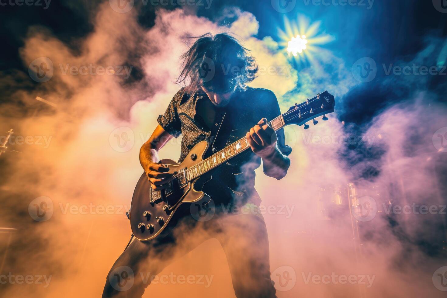 Guitarist shredding an electrifying solo, surrounded by a cloud of smoke and vibrant stage lights. Generative AI photo