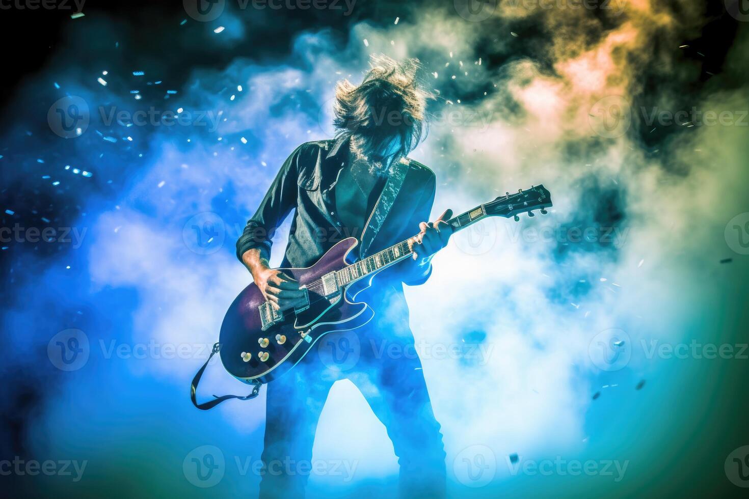 Guitarist shredding an electrifying solo, surrounded by a cloud of smoke and vibrant stage lights. photo