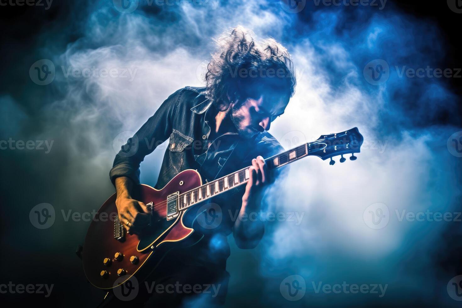 Guitarist shredding an electrifying solo, surrounded by a cloud of smoke and vibrant stage lights. photo