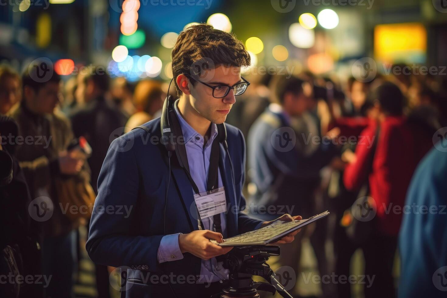 A news reporter covering a live event. photo