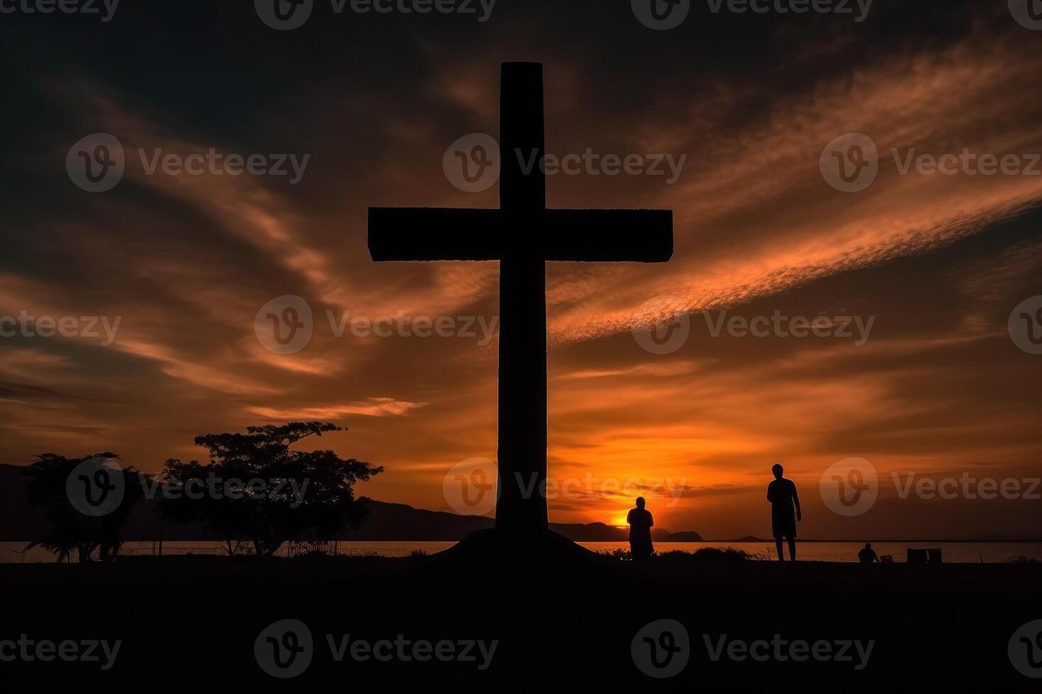 The cross with the sun behind, landscape. Generative AI photo