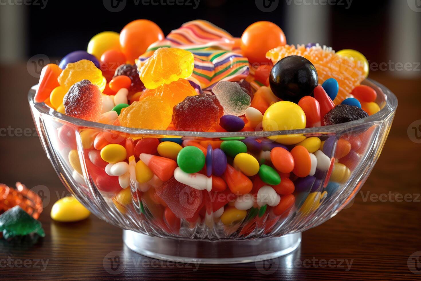 A close - up of a bowl filled with Halloween candies. photo