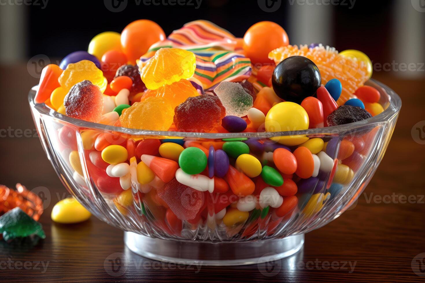 A close - up of a bowl filled with Halloween candies. Generative AI photo