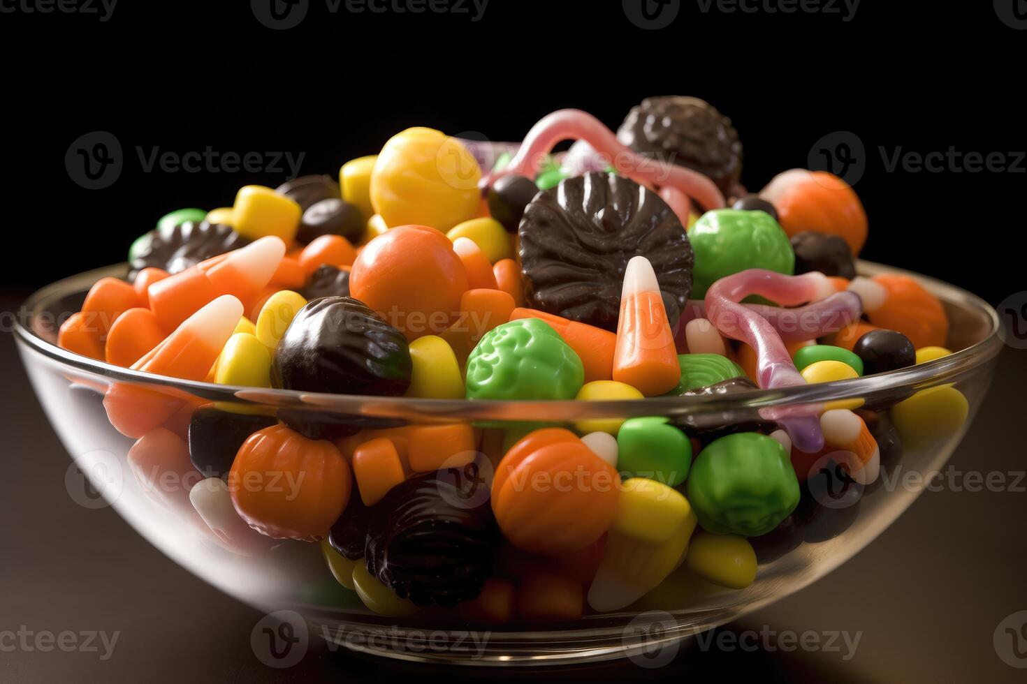 A close - up of a bowl filled with Halloween candies. photo