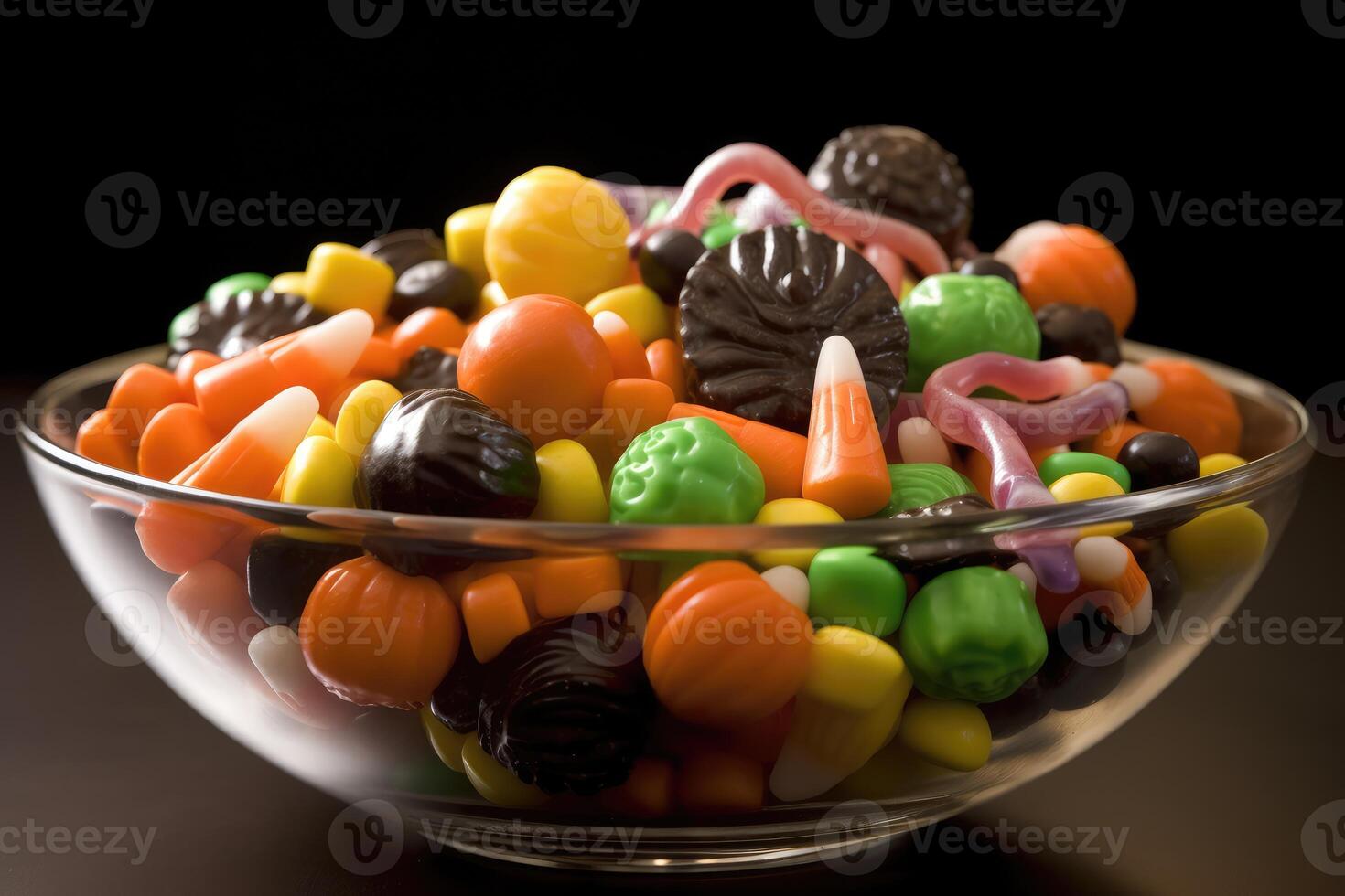 A close - up of a bowl filled with Halloween candies. Generative AI photo