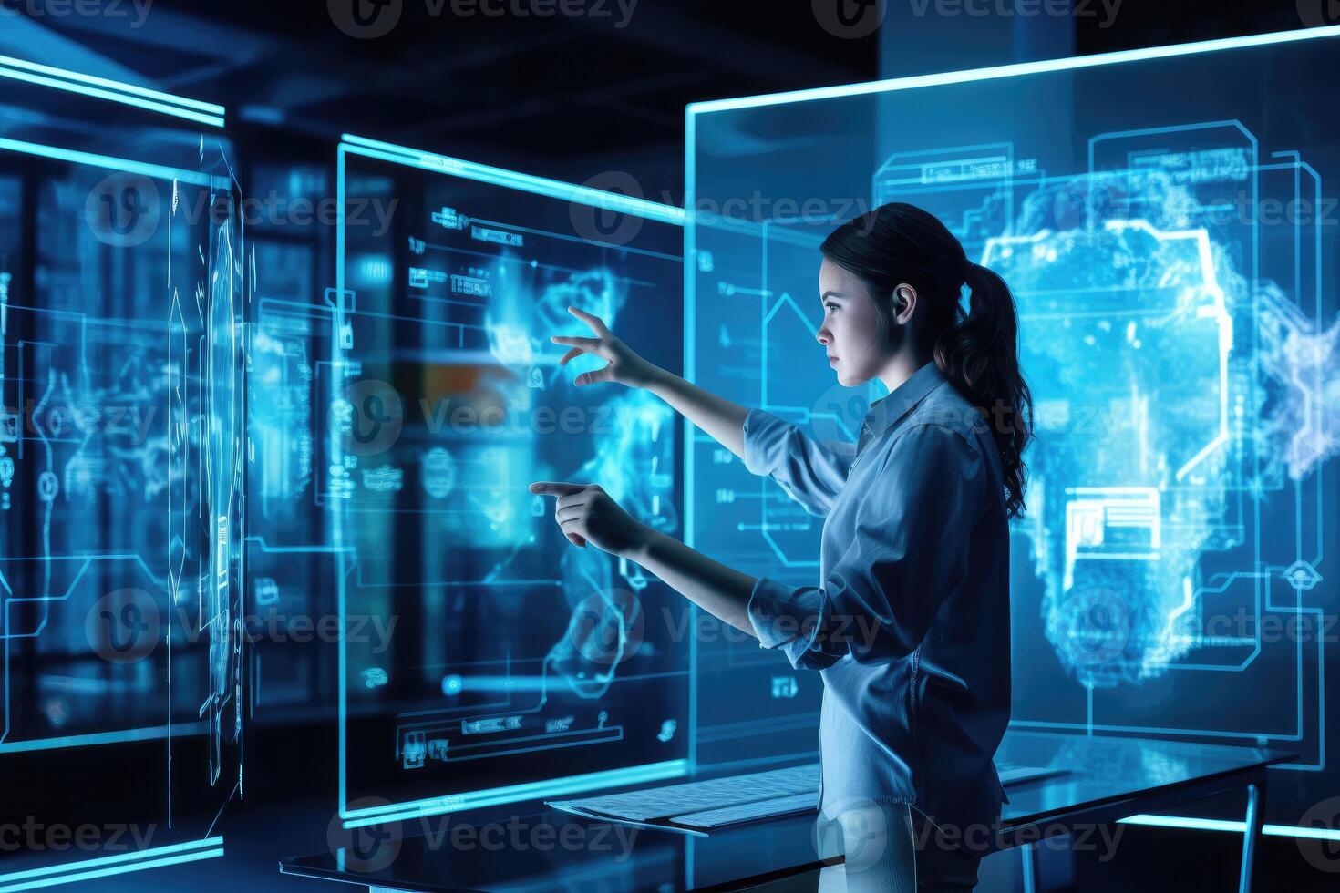 A photo of a person using a holographic display to interact with digital content in a futuristic workspace.