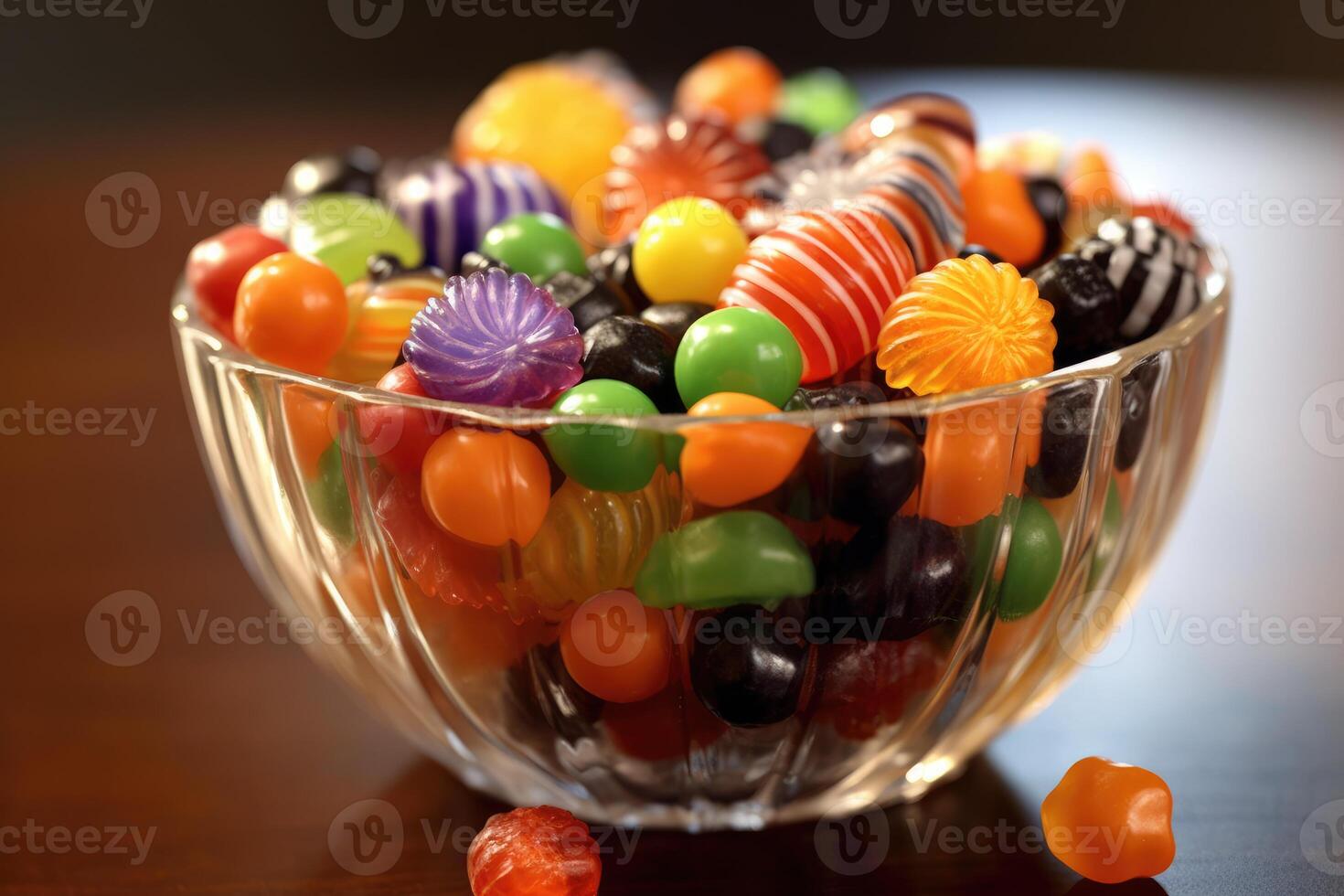 A close - up of a bowl filled with Halloween candies. photo