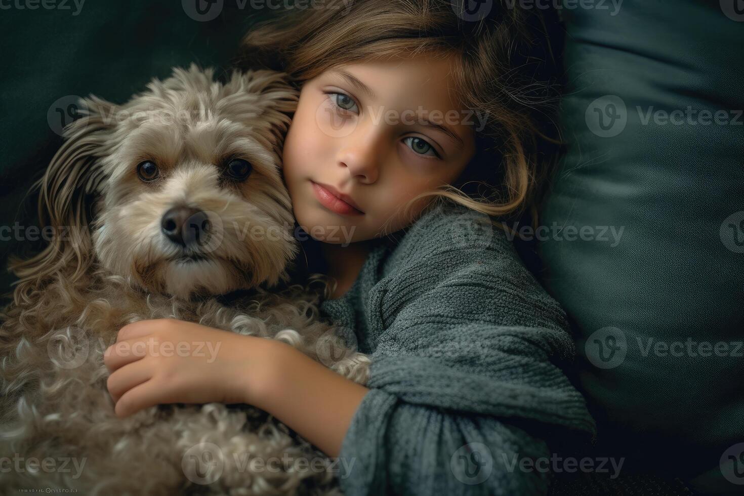 A photo of a child and their dog snuggled up together on a cozy couch.