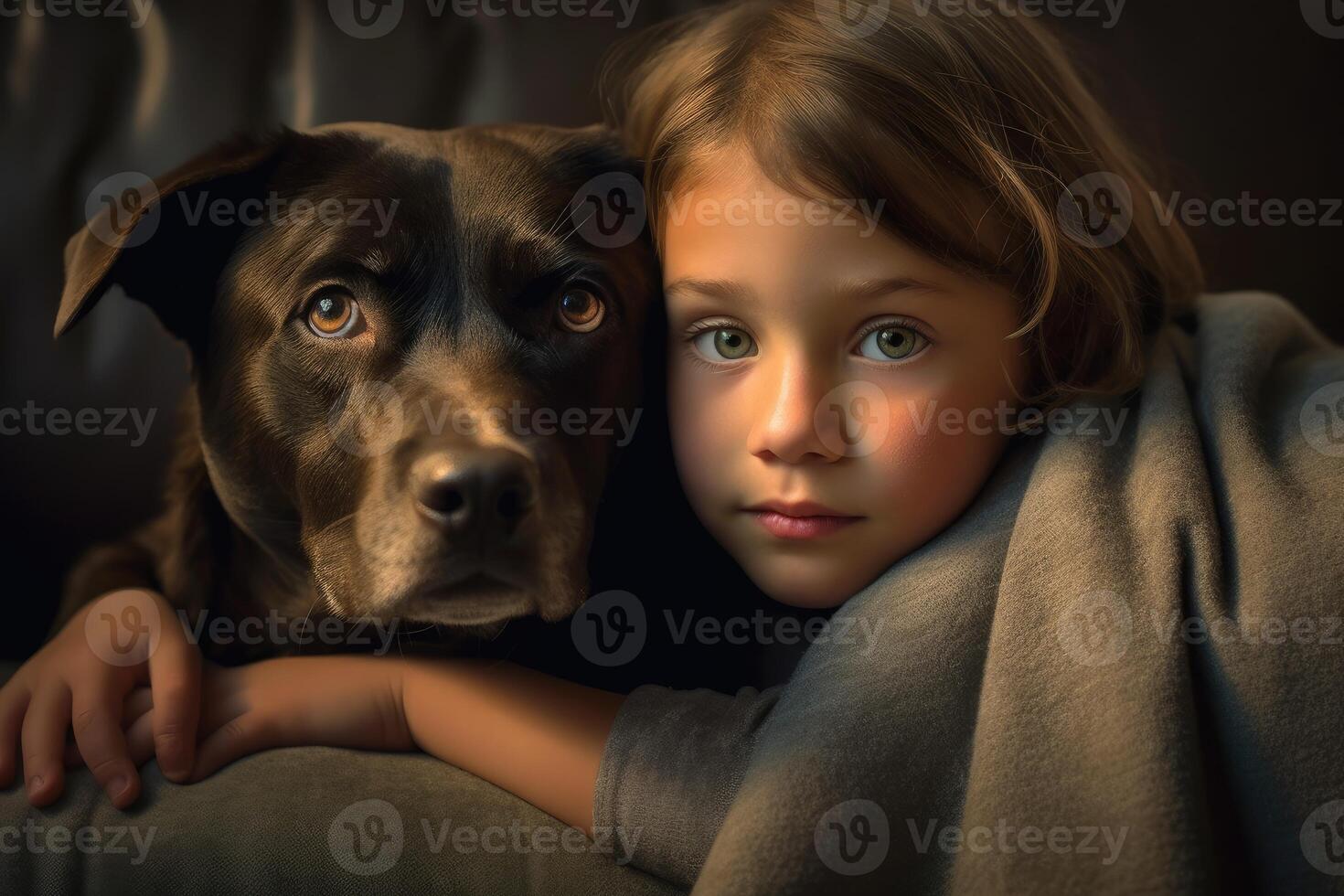 A photo of a child and their dog snuggled up together on a cozy couch.