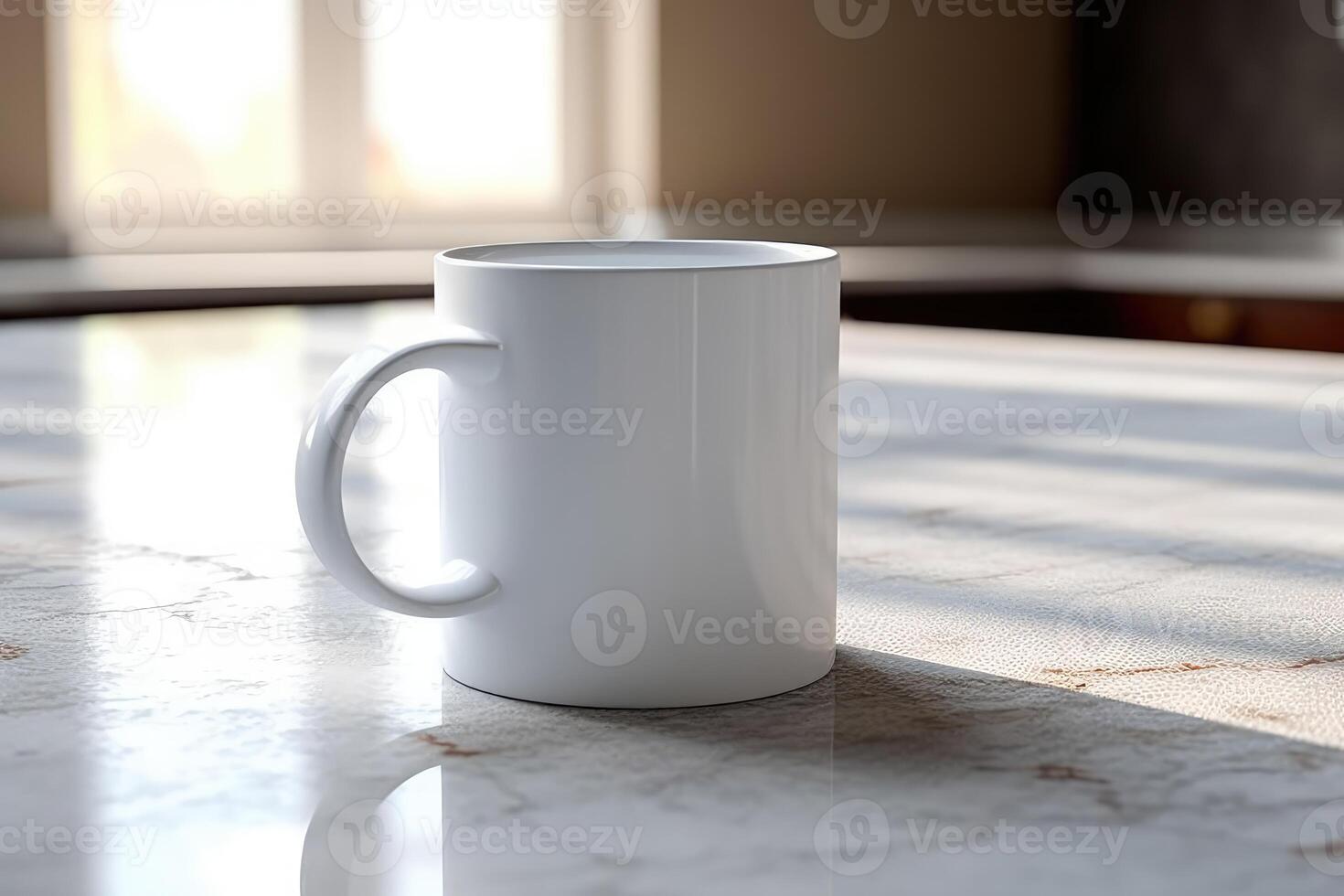 A clean and simple composition of a white coffee mug placed on a marble countertop. Generative AI photo