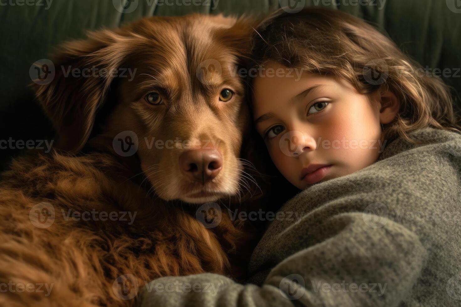 A photo of a child and their dog snuggled up together on a cozy couch.
