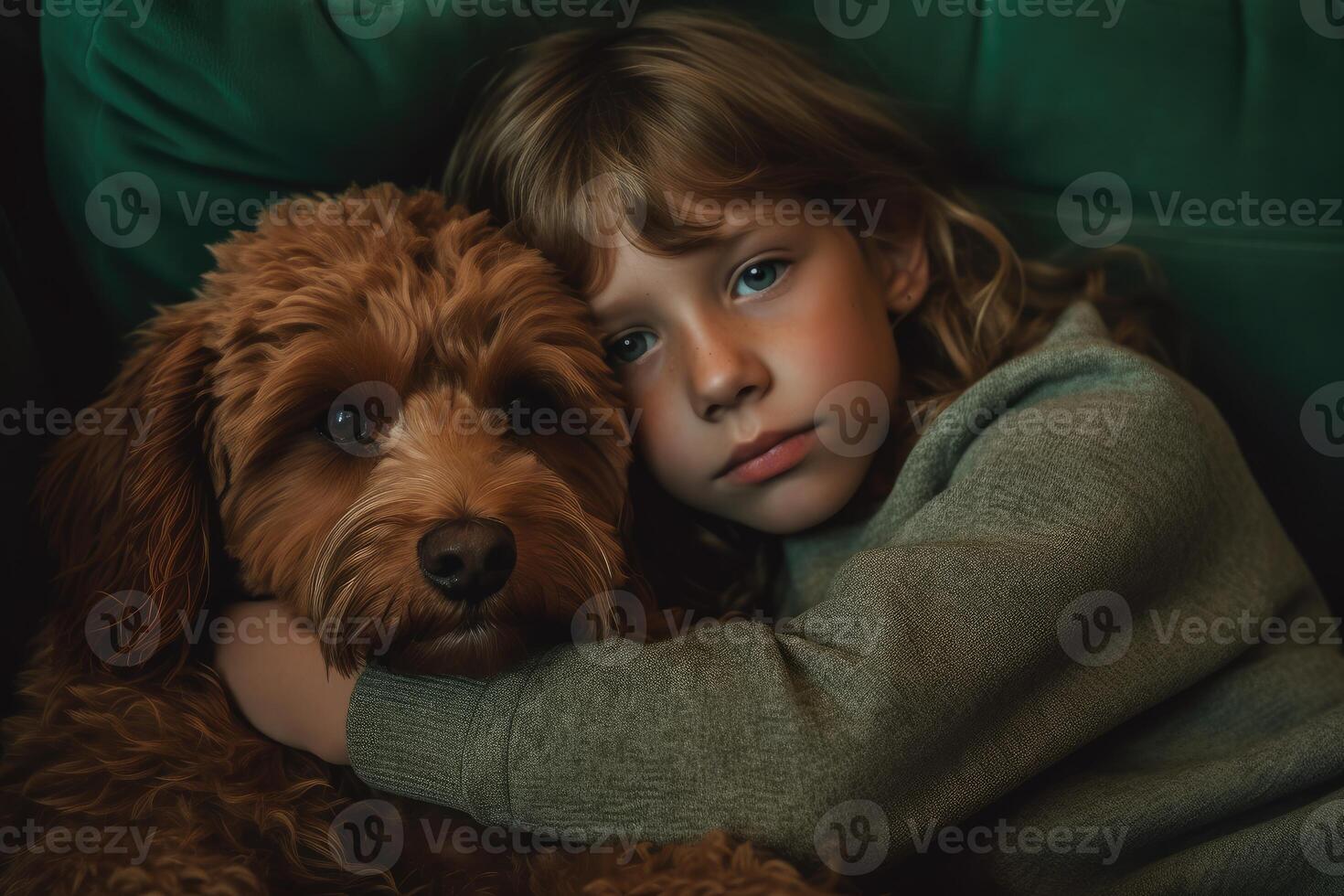 A photo of a child and their dog snuggled up together on a cozy couch.