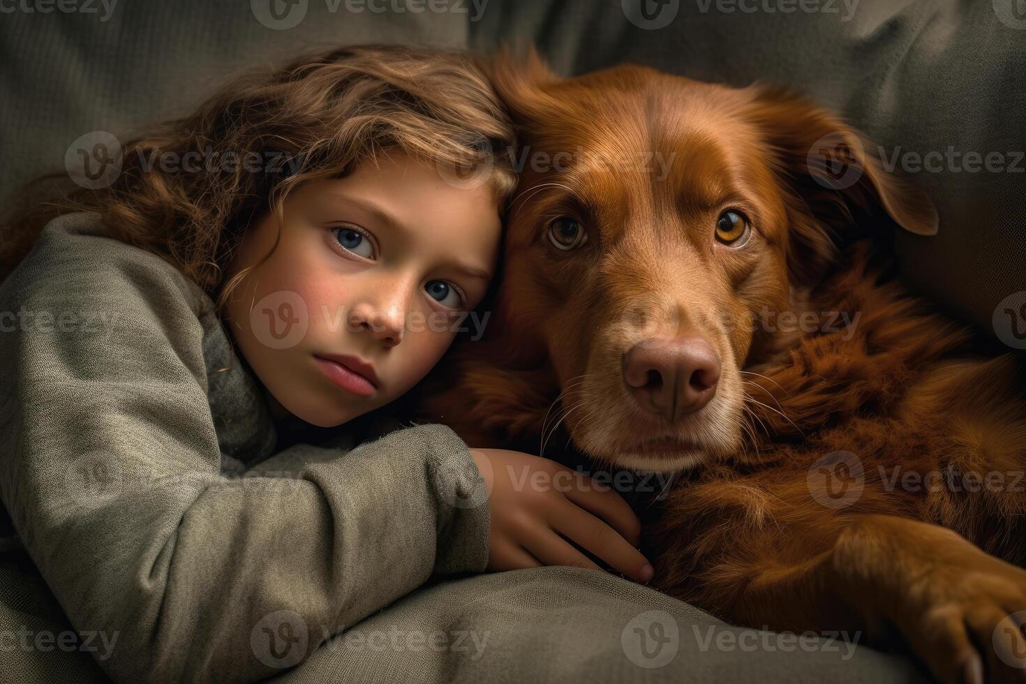 A photo of a child and their dog snuggled up together on a cozy couch.