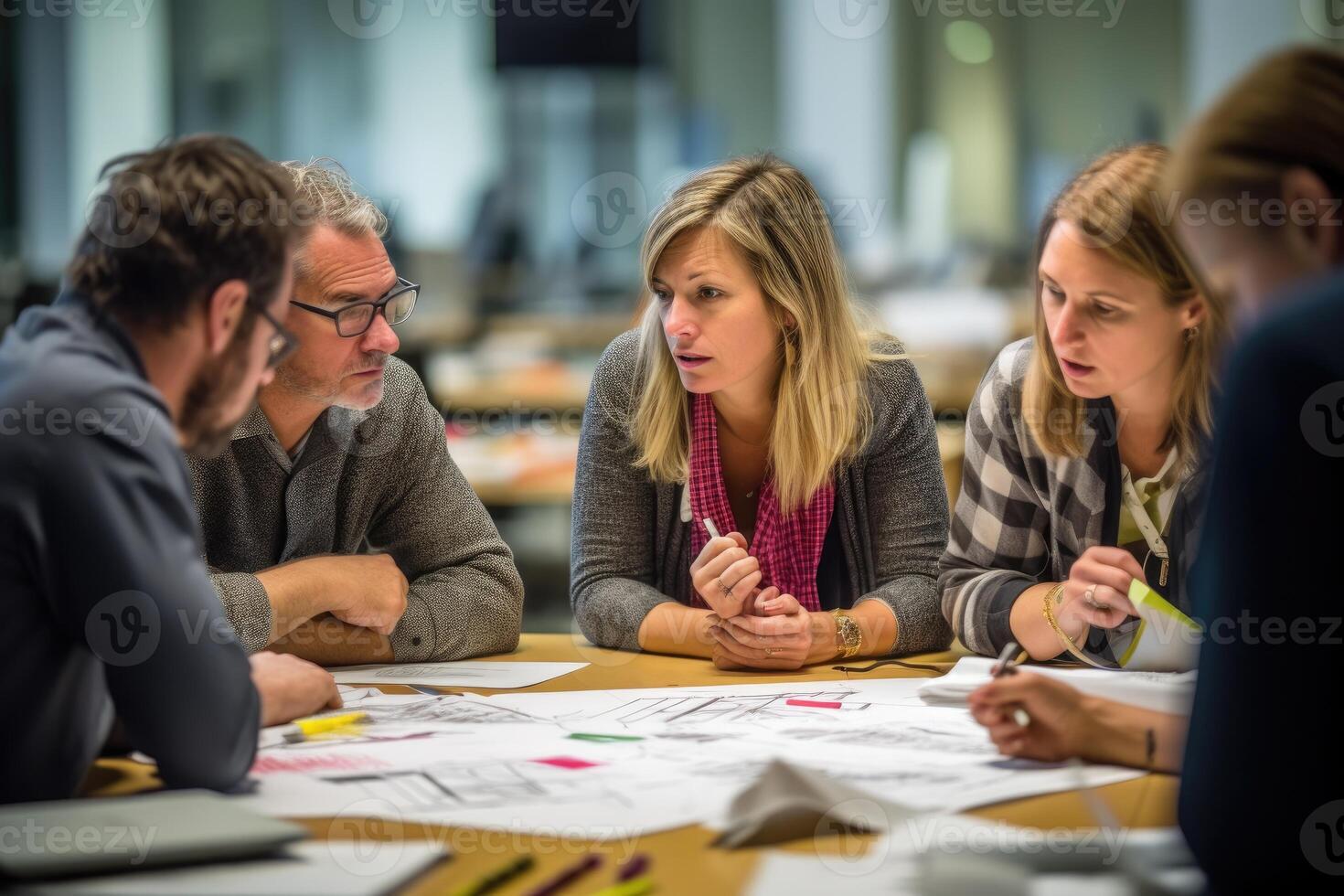 un foto de un equipo lluvia de ideas y que se discute ideas en un creativo espacio de trabajo generativo ai