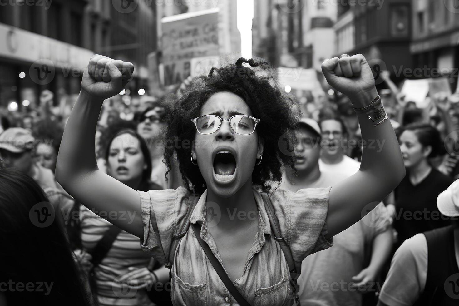 un poderoso Disparo de un protesta marzo para un social causa. generativo ai foto