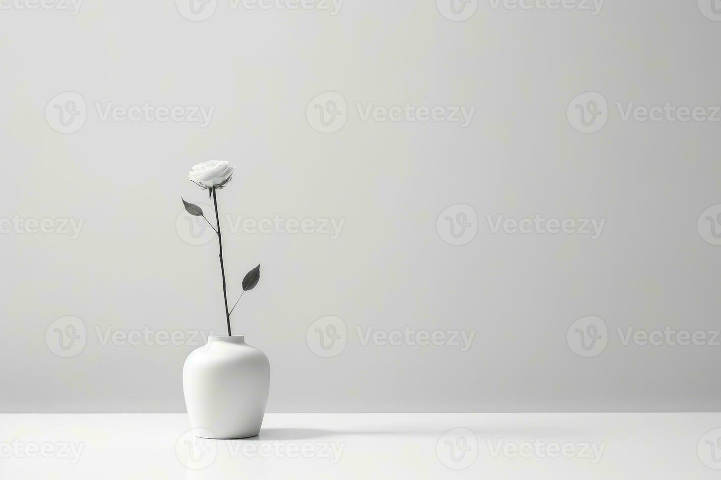 A monochromatic photograph of a single flower in a minimalist vase against a plain background. Generative AI photo