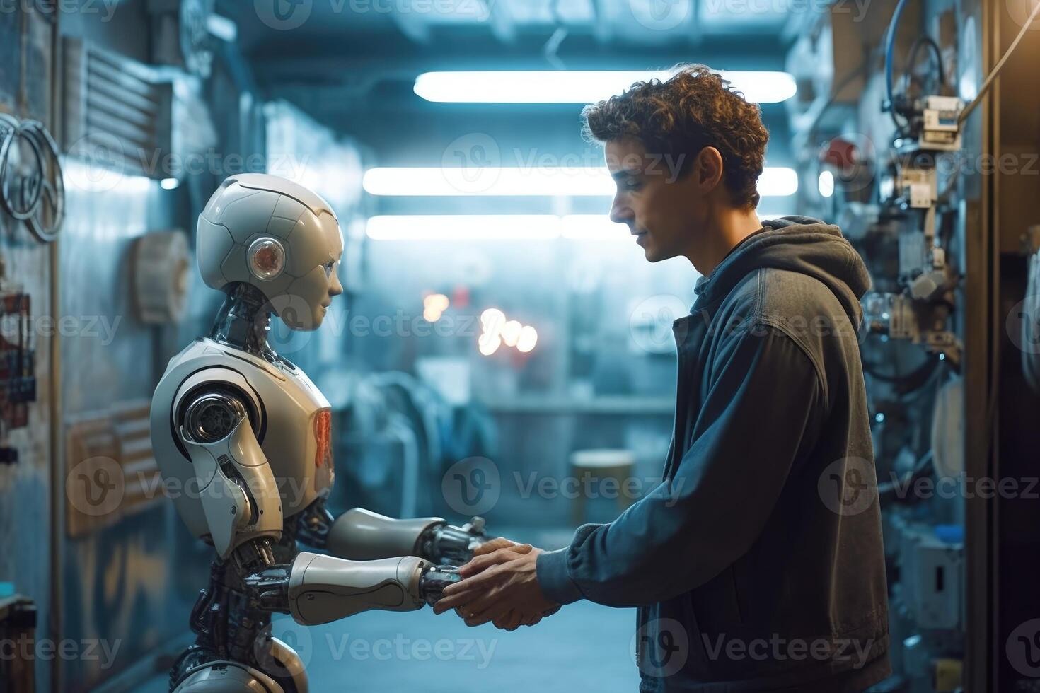 Photo of a person interacting with a humanoid robot in a futuristic setting.