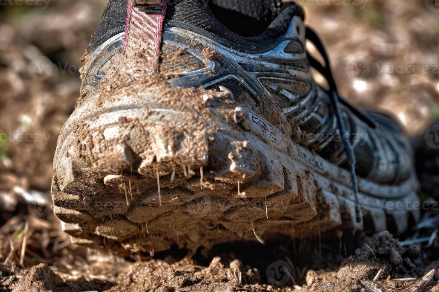 Close - up photo of a trail runner's worn - out trail running shoes covered in mud and dirt. Generative AI