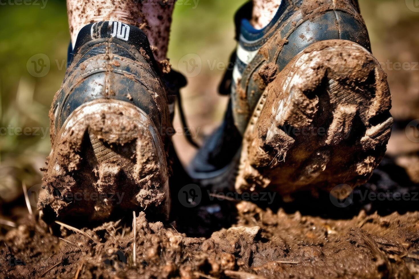 Close - up photo of a trail runner's worn - out trail running shoes covered in mud and dirt.