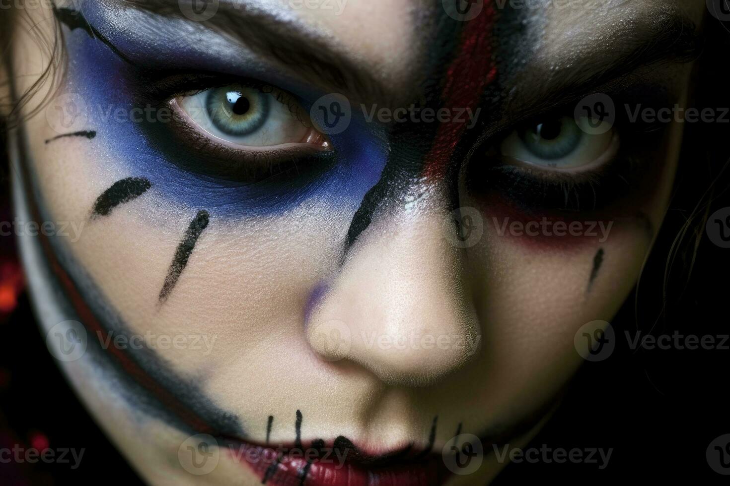 Close - up photo of a woman's face with Halloween makeup. Generative AI