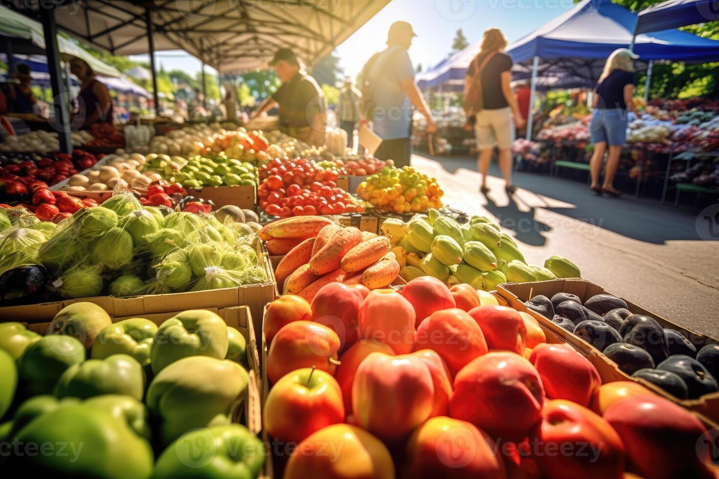 A shopper exploring a bustling farmers market, surrounded by fresh produce and local artisanal goods. photo