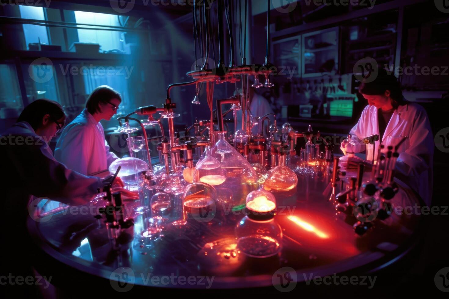 Team of scientists conducting experiments in a chemistry lab. photo