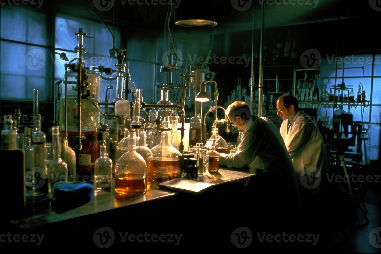 Team of scientists conducting experiments in a chemistry lab. photo