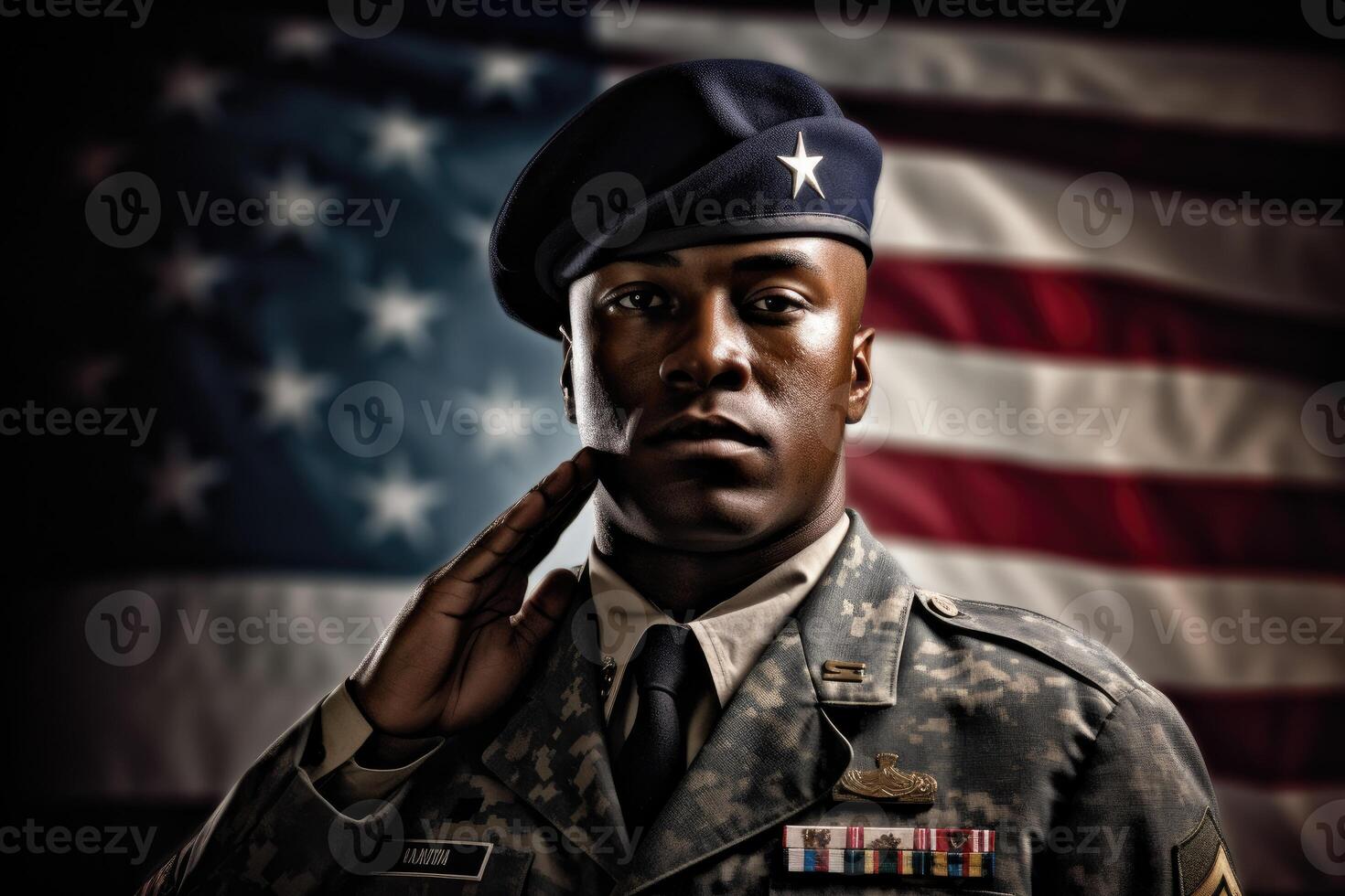 American soldier in uniform standing tall and saluting, with the American flag in the background. photo