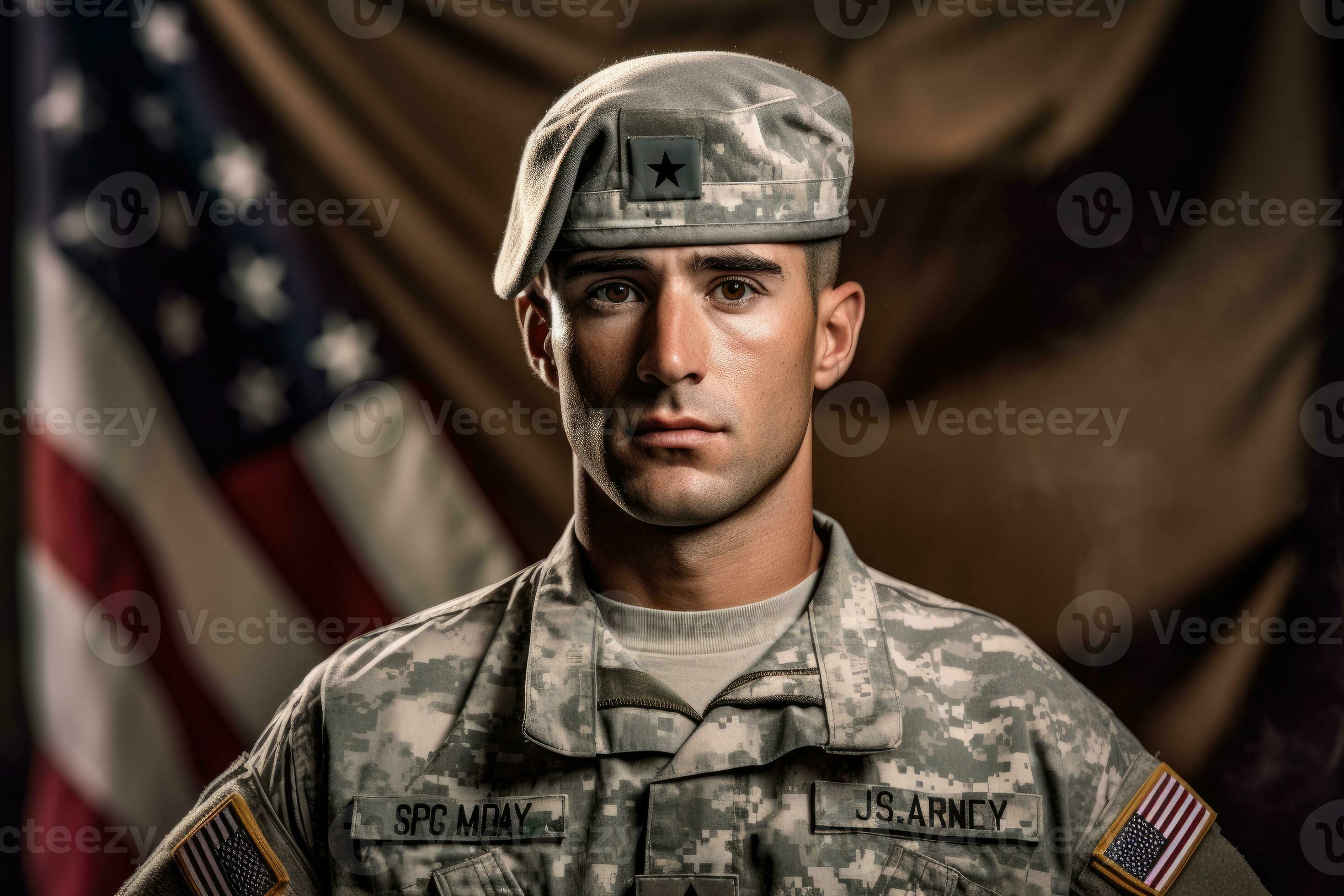 Premium AI Image  A man in a military jacket stands in front of an  american flag.