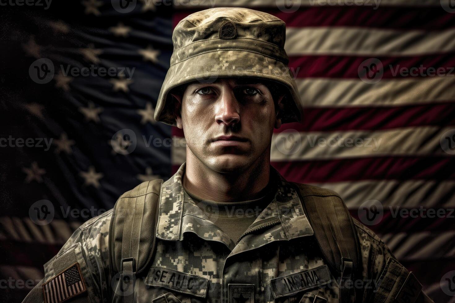 American soldier in uniform standing tall and saluting, with the American flag in the background. photo