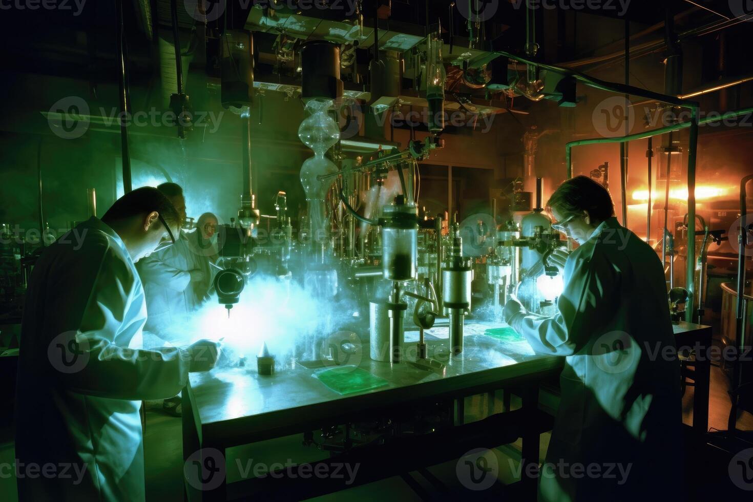 Team of scientists conducting experiments in a chemistry lab. photo