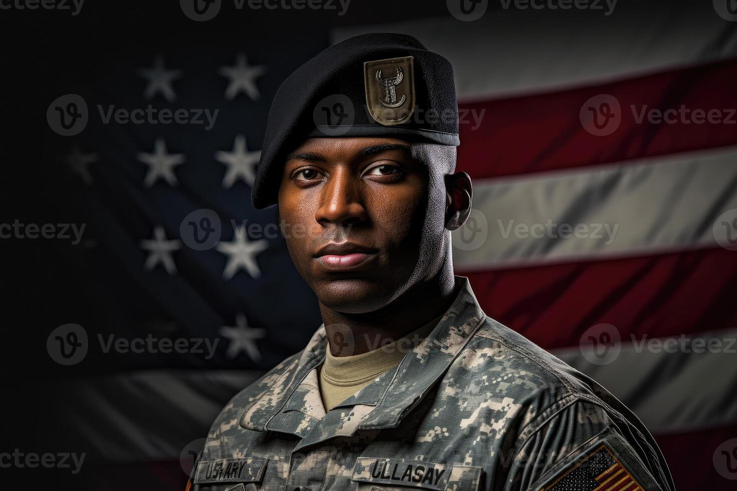 American soldier in uniform standing tall and saluting, with the American flag in the background. photo