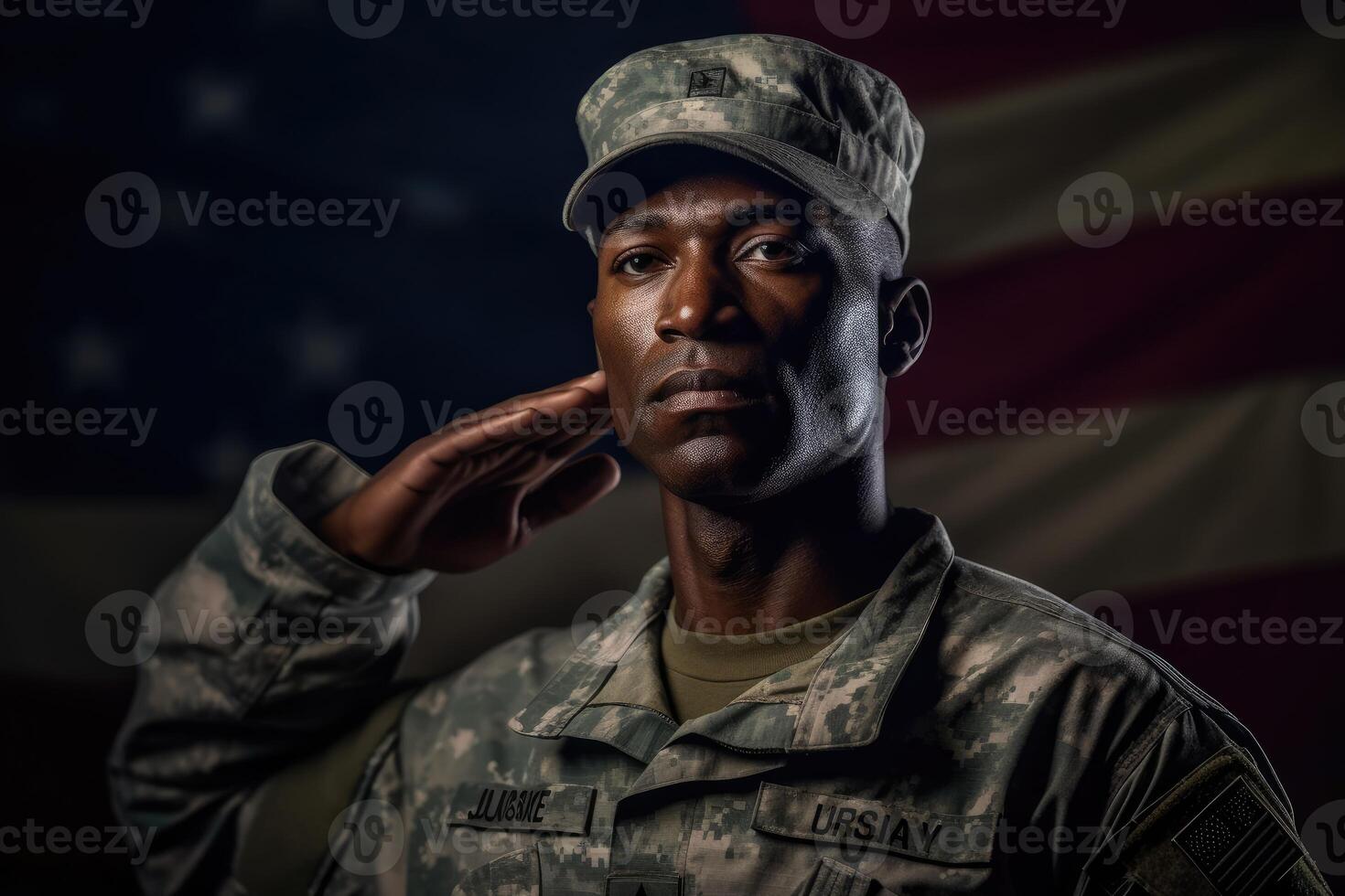American soldier in uniform standing tall and saluting, with the American flag in the background. photo