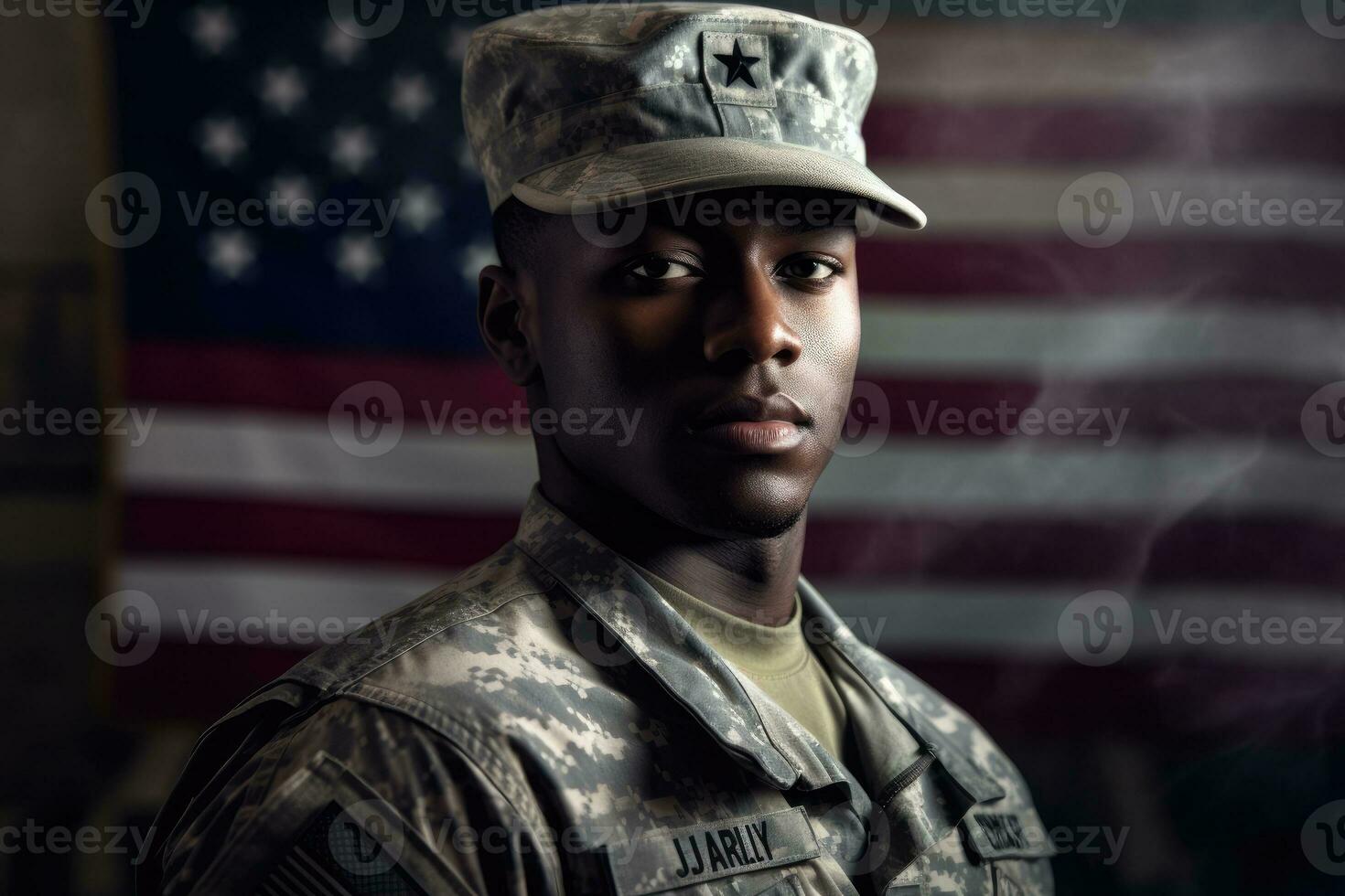 americano soldado en uniforme en pie alto y saludando, con el americano bandera en el antecedentes. generativo ai foto
