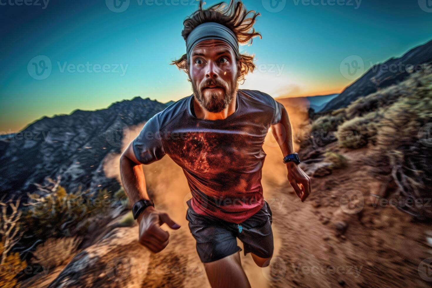 A dynamic shot of a trail runner in action, running downhill on a rugged mountain trail. photo