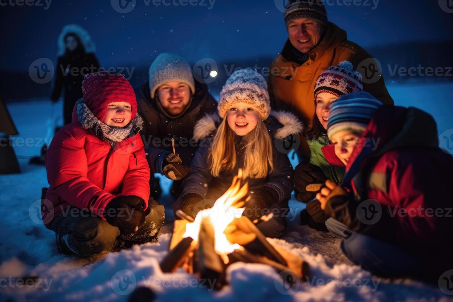A photo of a family gathered around a crackling bonfire in the snow, roasting marshmallows and enjoying hot cocoa.
