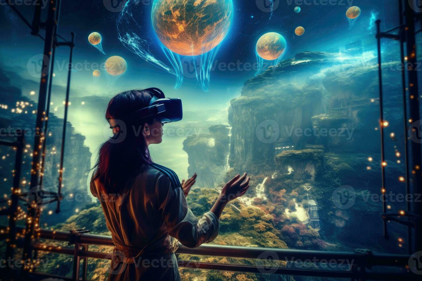 A photo of a person experiencing a virtual reality VR simulation. Generative AI