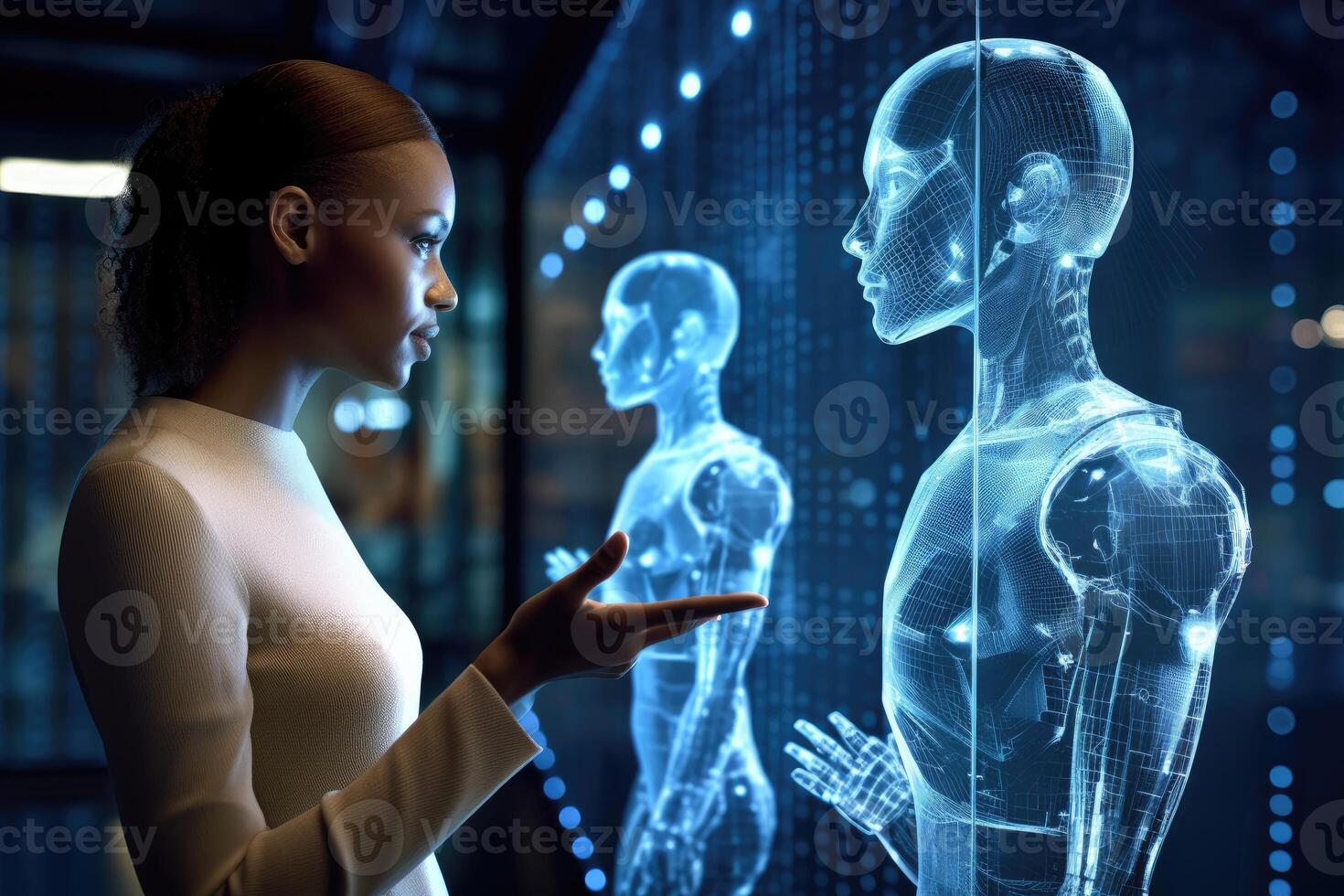 A photo of a person interacting with a virtual assistant powered by natural language processing and machine learning algorithms.