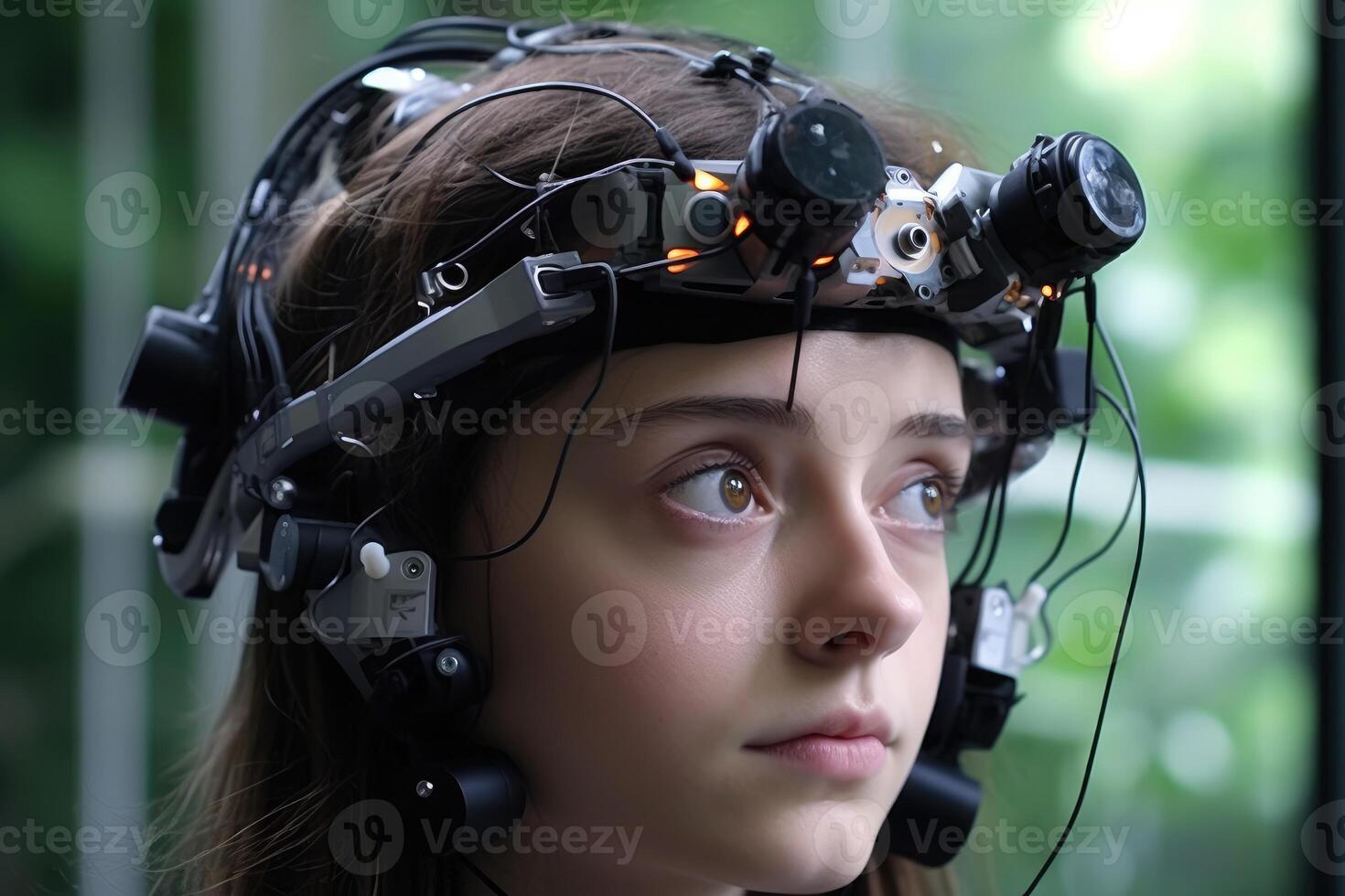 A photo of a person wearing an advanced wearable device that enhances their cognitive abilities, such as memory augmentation or real - time language translation.