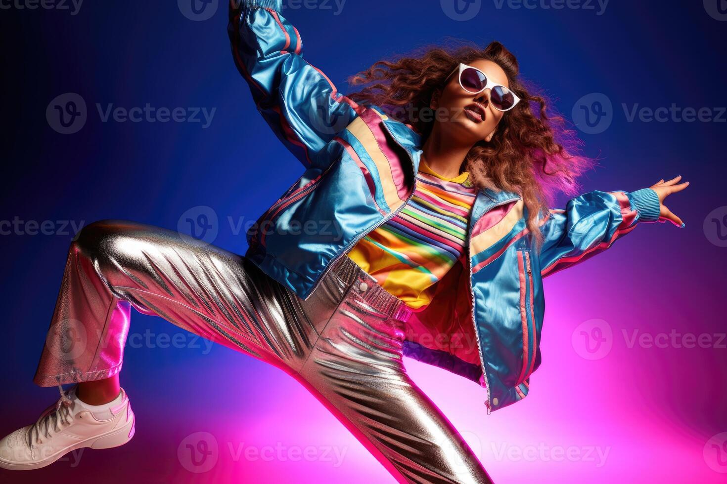 A photo of a person wearing a metallic silver jumpsuit with neon accents, reminiscent of the iconic 80's fashion.