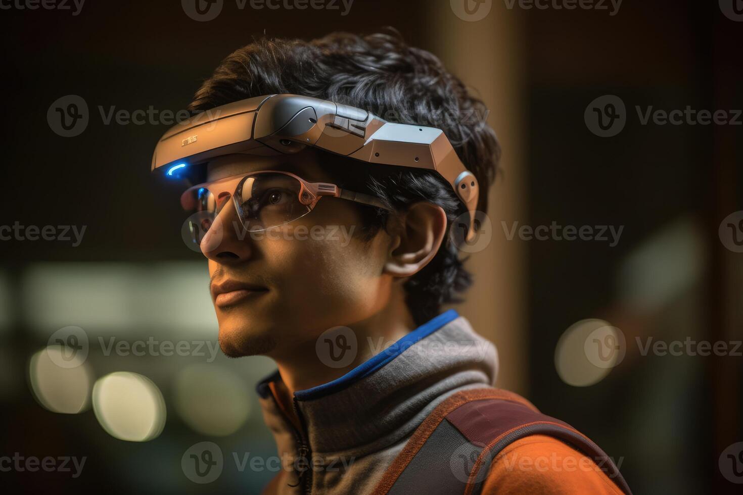 A photo of a person wearing an advanced wearable device that enhances their cognitive abilities, such as memory augmentation or real - time language translation.