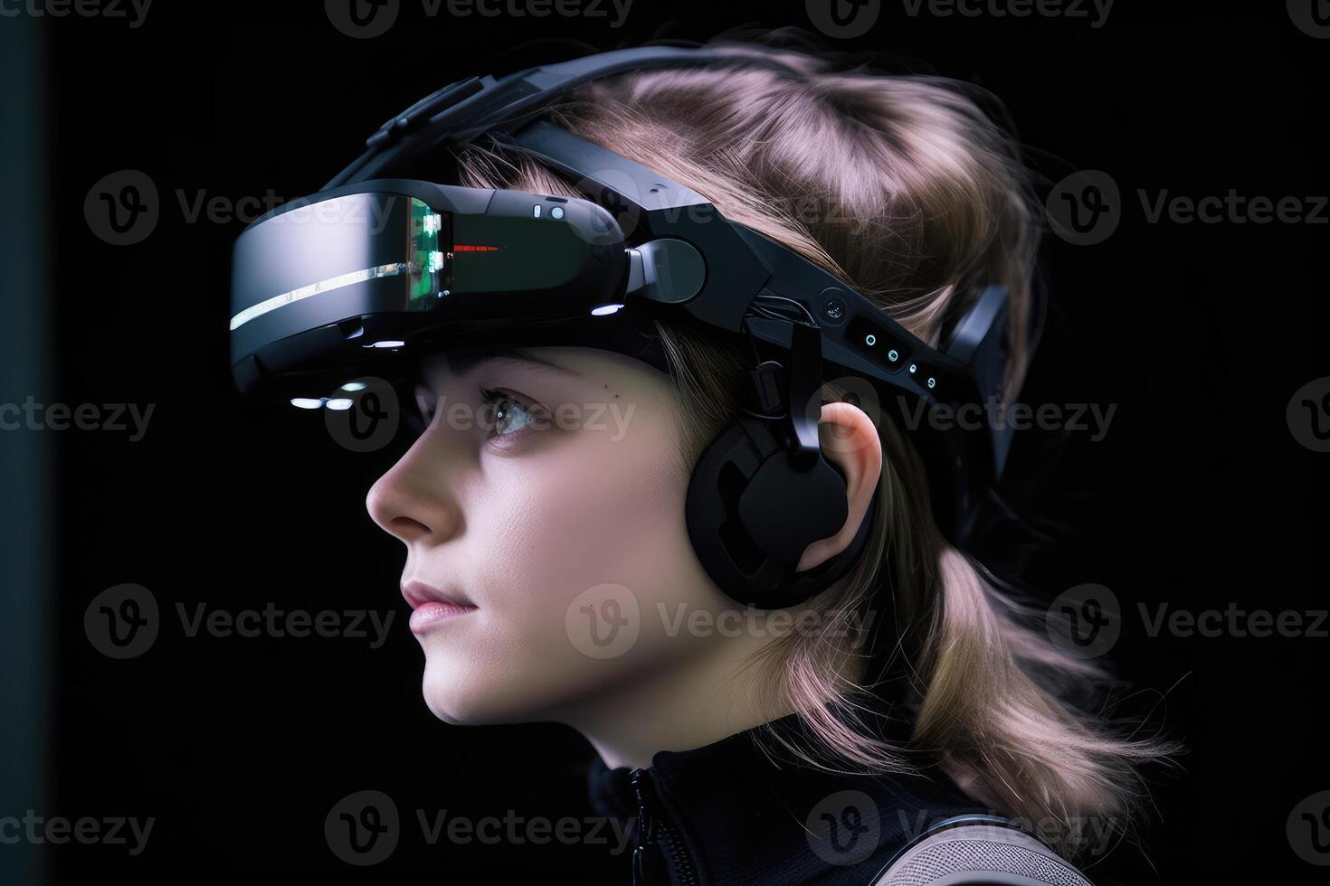 A photo of a person wearing an advanced wearable device that enhances their cognitive abilities, such as memory augmentation or real - time language translation.
