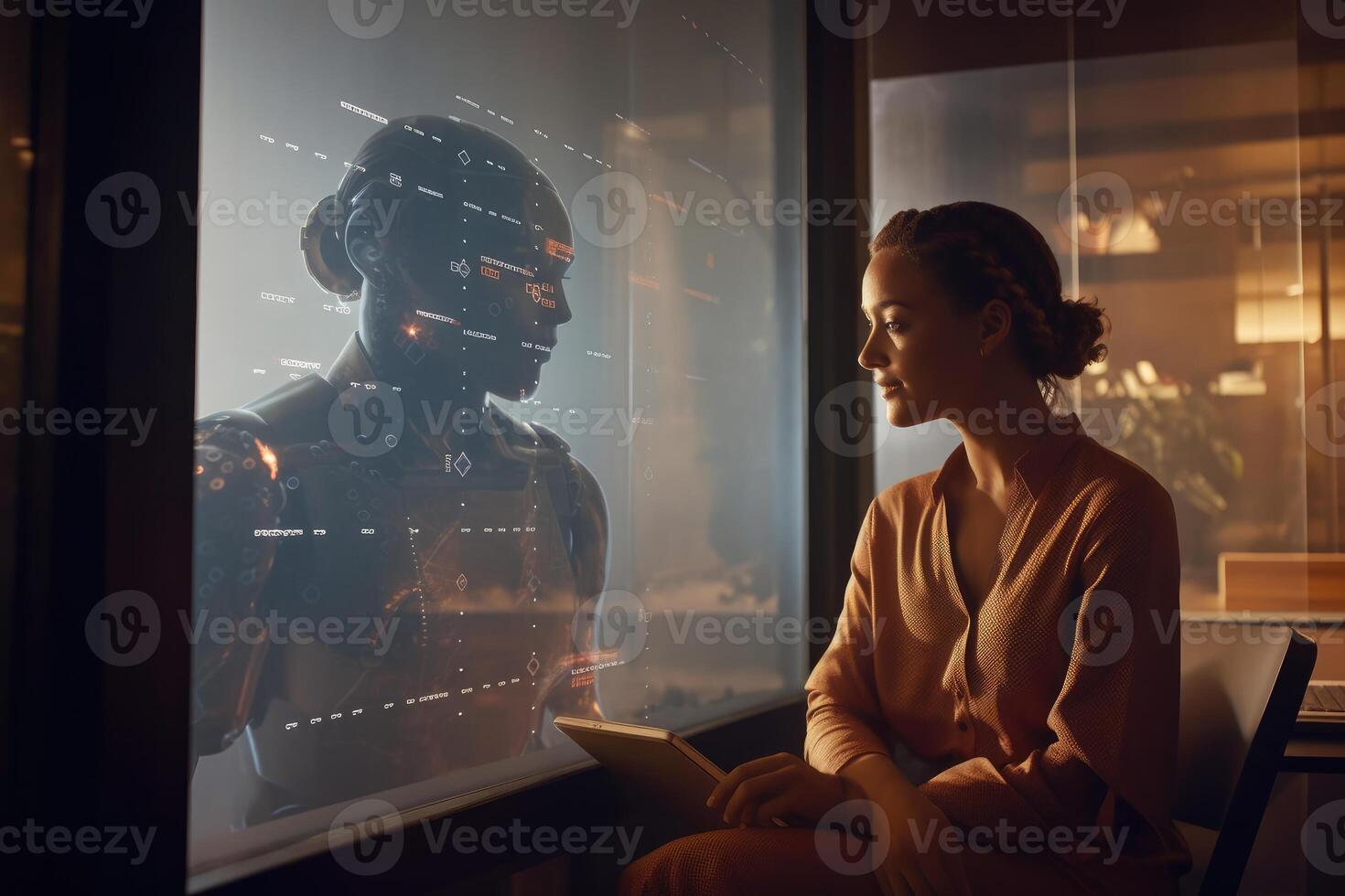 A photo of a person interacting with a virtual assistant powered by natural language processing and machine learning algorithms.
