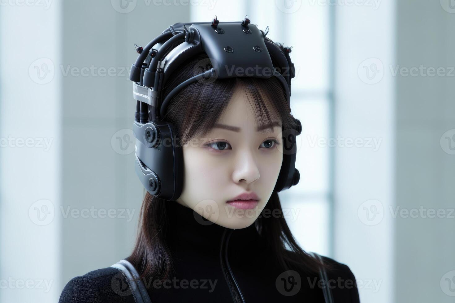 A photo of a person wearing an advanced wearable device that enhances their cognitive abilities, such as memory augmentation or real - time language translation.