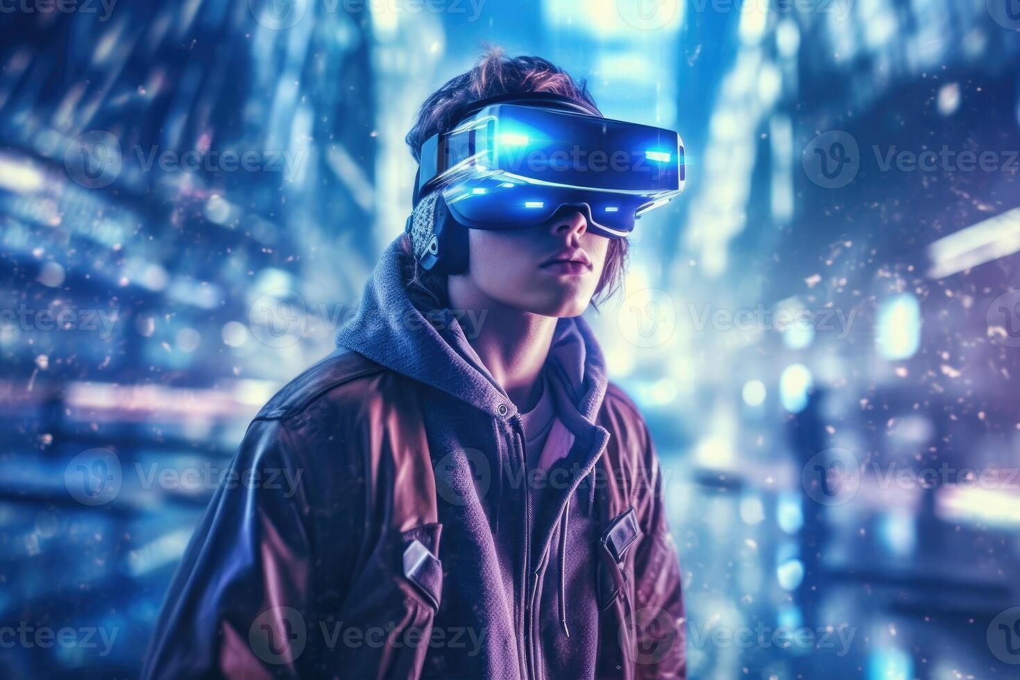 A photo of a person experiencing a virtual reality VR simulation.