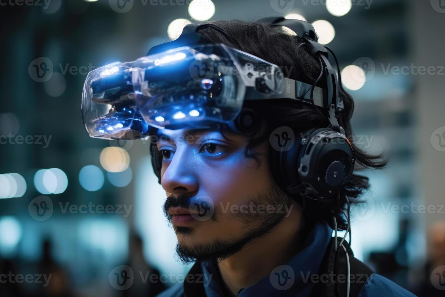 A photo of a person wearing an advanced wearable device that enhances their cognitive abilities, such as memory augmentation or real - time language translation.