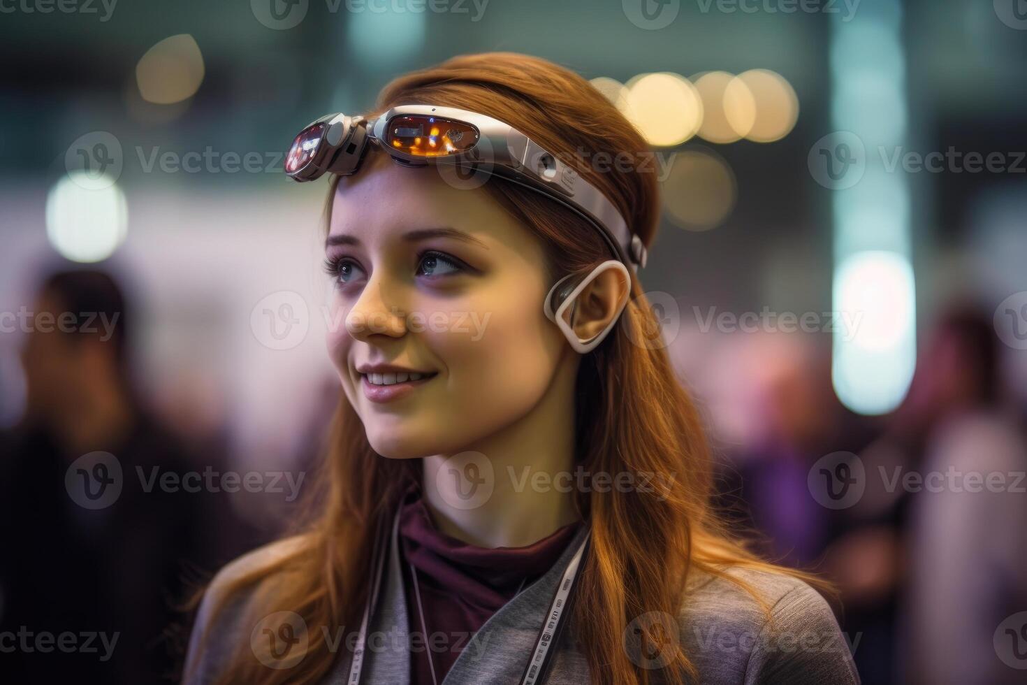 A photo of a person wearing an advanced wearable device that enhances their cognitive abilities, such as memory augmentation or real - time language translation.