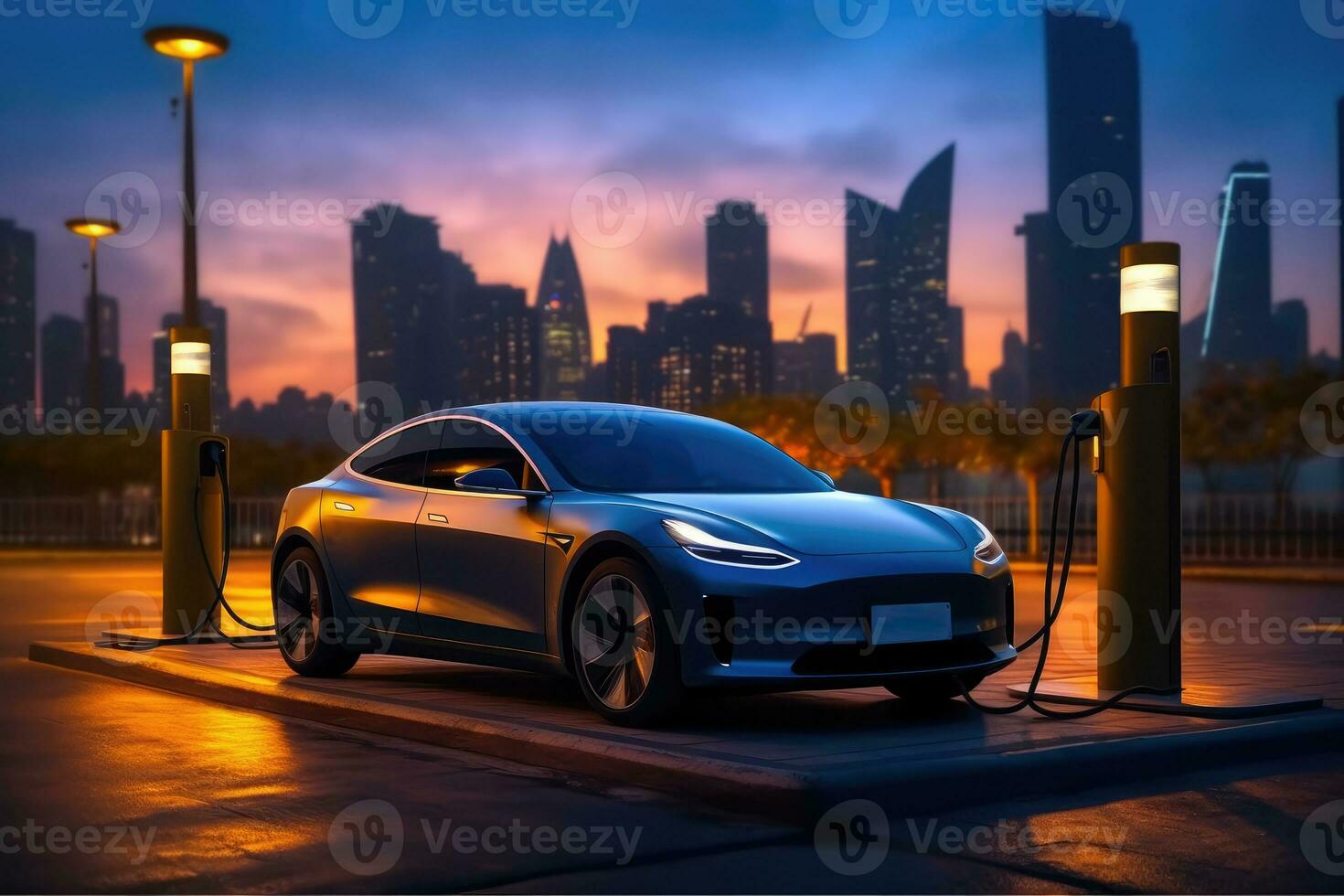 un foto de un eléctrico vehículo estacionado a un cargando estación en contra un fondo de un futurista ciudad horizonte a oscuridad. generativo ai