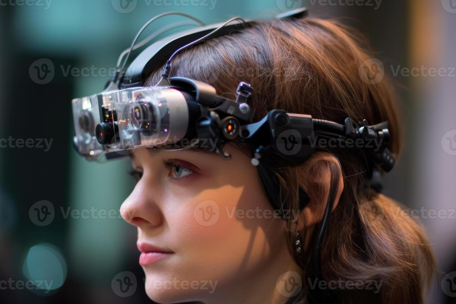 A photo of a person wearing an advanced wearable device that enhances their cognitive abilities, such as memory augmentation or real - time language translation.